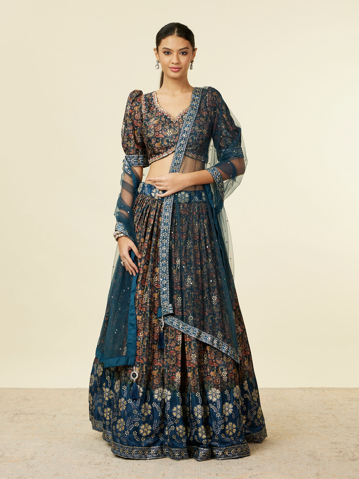 Mohey Women Teal Blue Bel Buti Patterned Lehenga