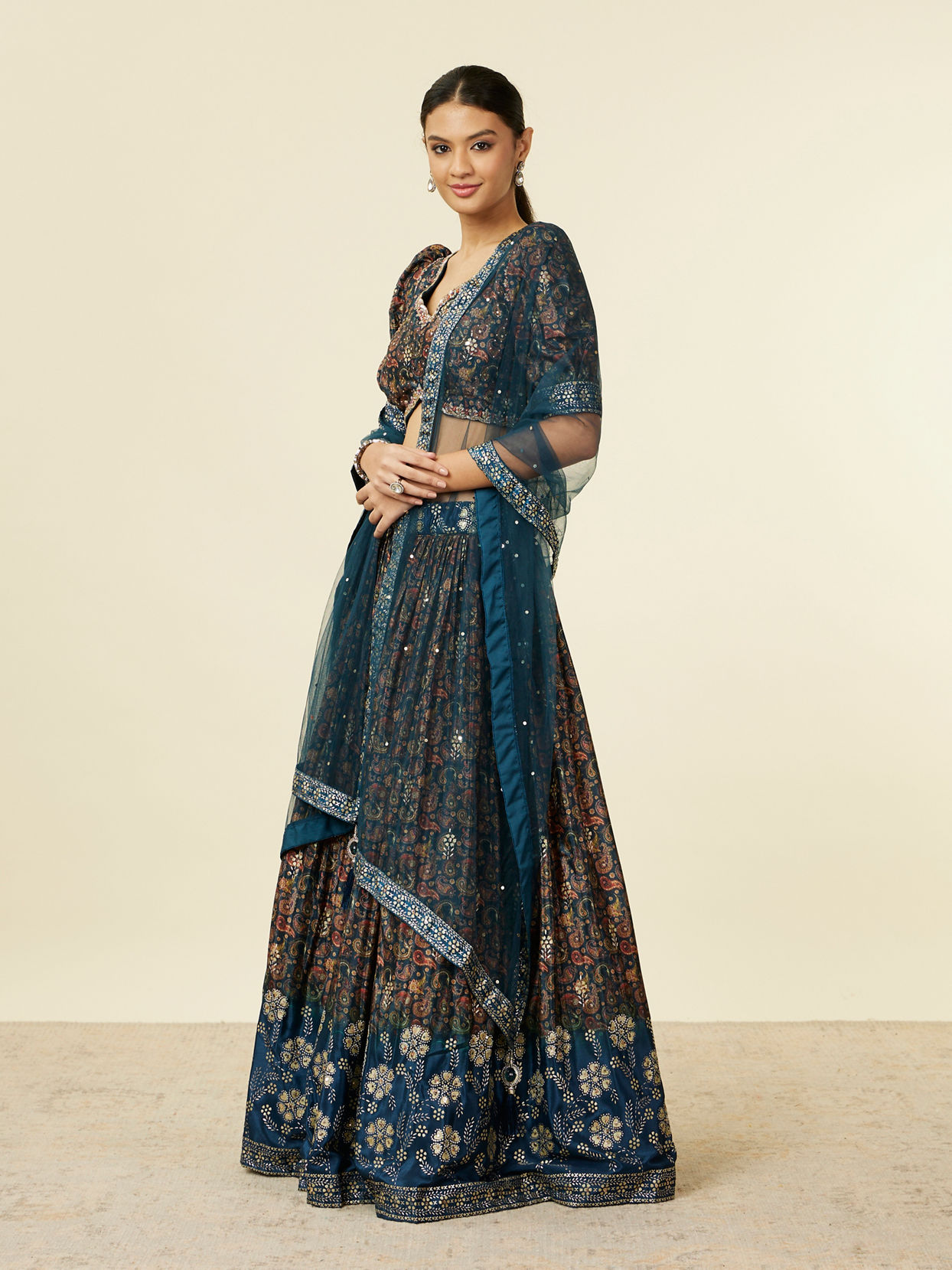 Mohey Women Teal Blue Bel Buti Patterned Lehenga