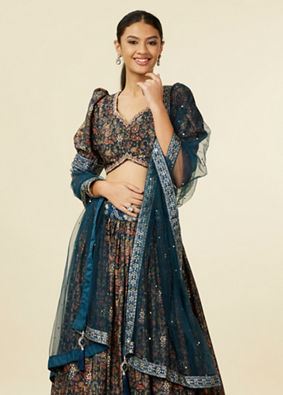 Mohey Women Teal Blue Bel Buti Patterned Lehenga