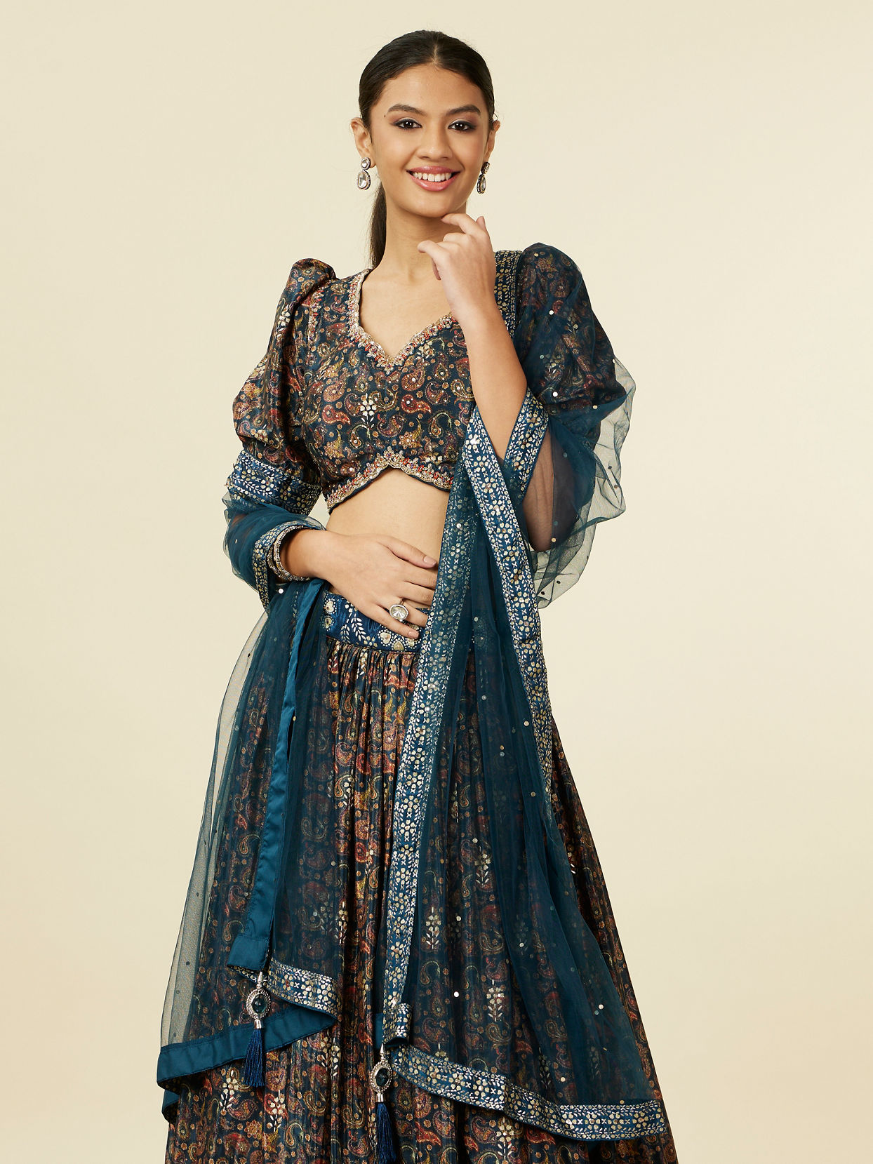 Mohey Women Teal Blue Bel Buti Patterned Lehenga