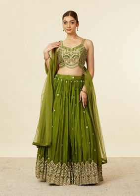 alt message - Mohey Women Mehandi Green Buta Patterned Lehenga image number 0