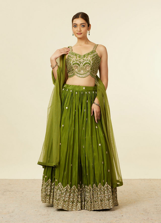 alt message - Mohey Women Mehandi Green Buta Patterned Lehenga image number 0