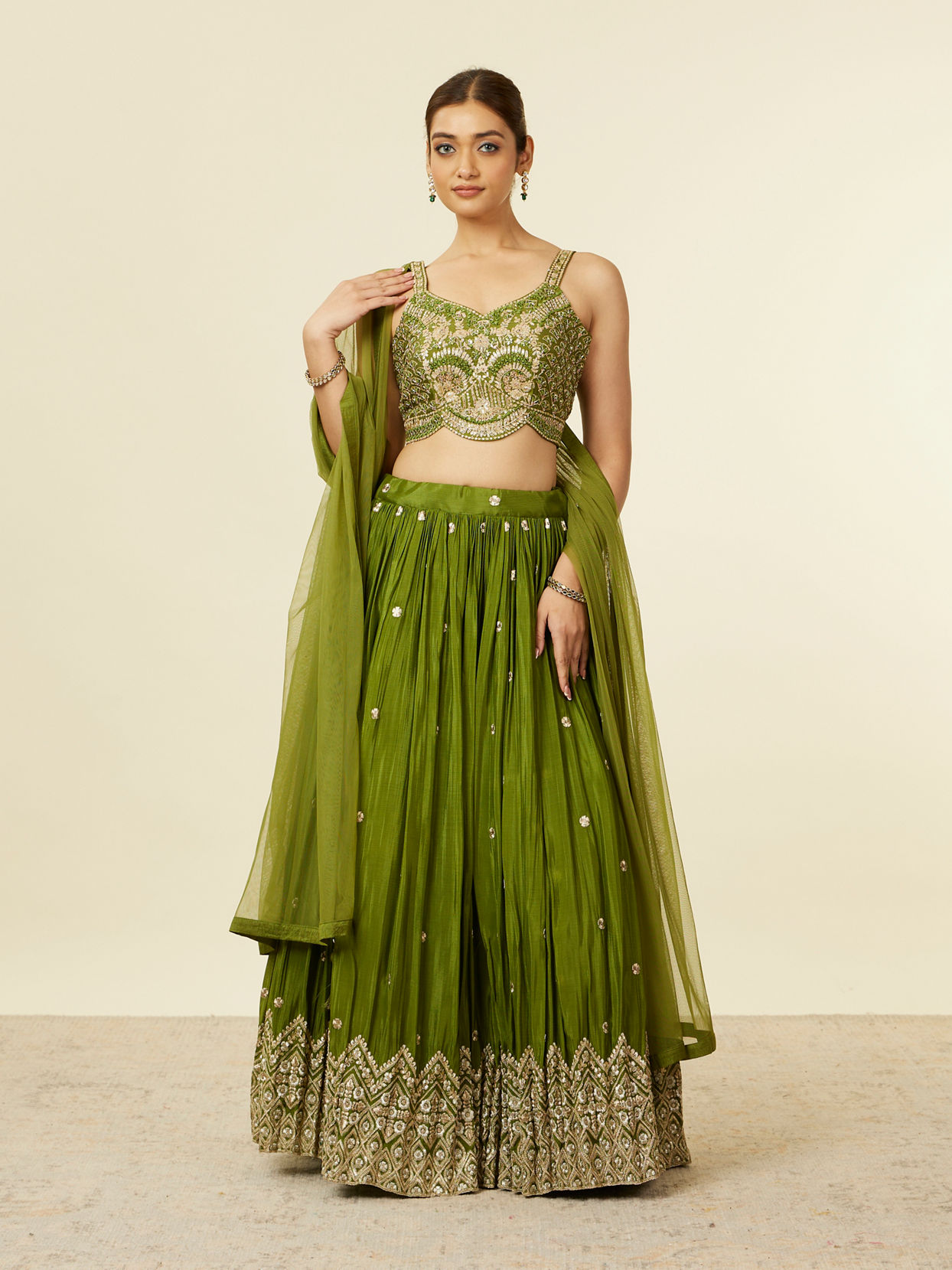 alt message - Mohey Women Mehandi Green Buta Patterned Lehenga image number 0