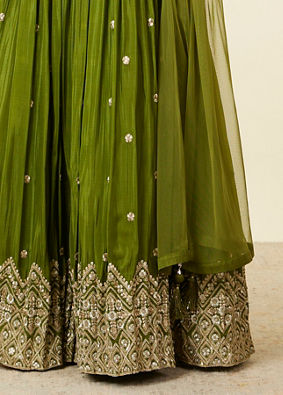 alt message - Mohey Women Mehandi Green Buta Patterned Lehenga image number 3