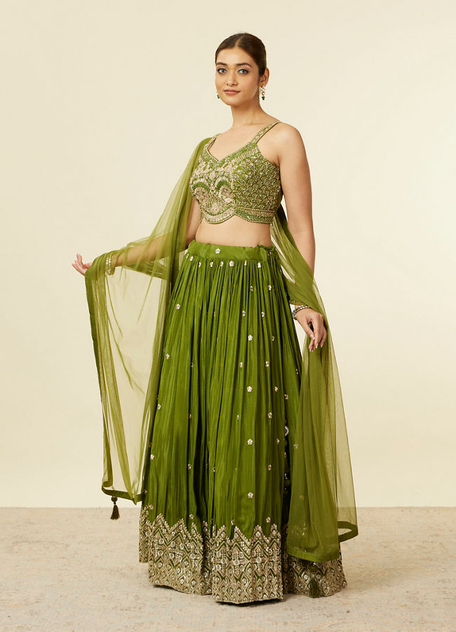 alt message - Mohey Women Mehandi Green Buta Patterned Lehenga image number 2