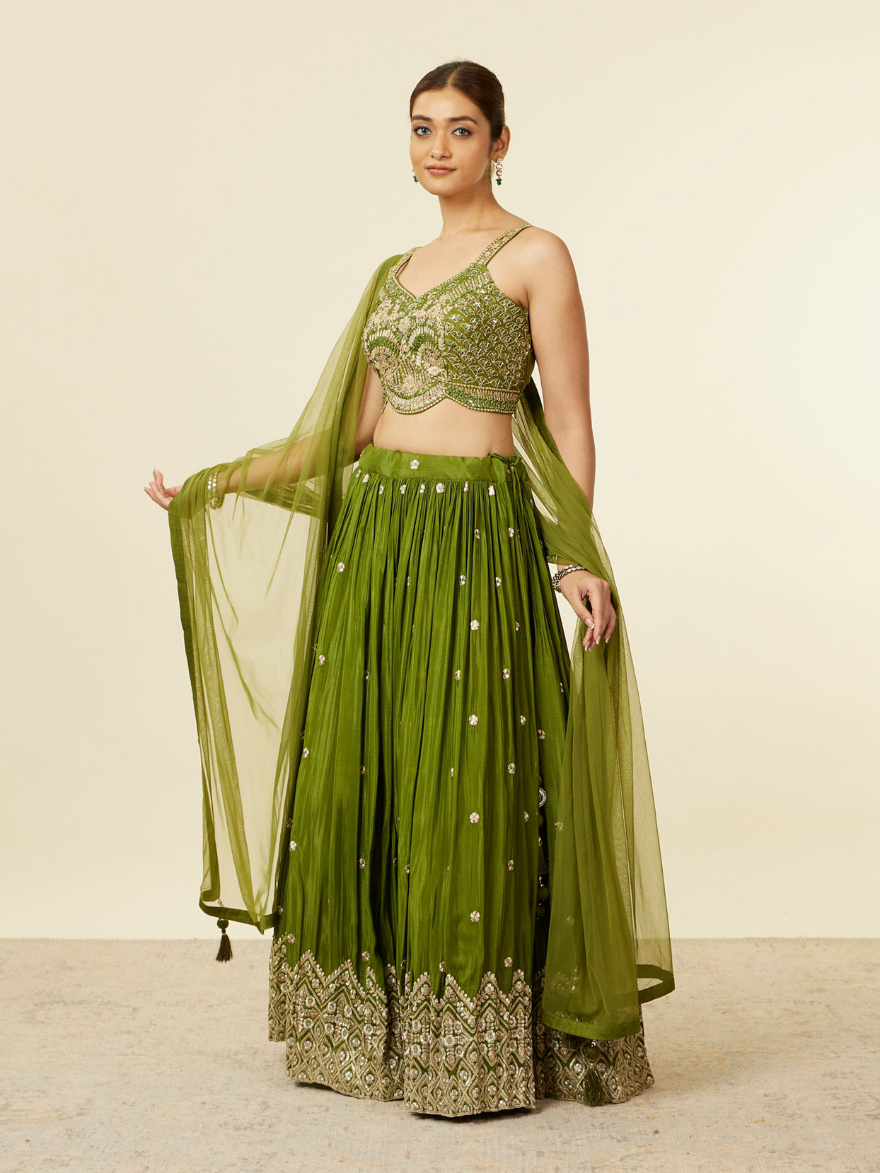 alt message - Mohey Women Mehandi Green Buta Patterned Lehenga image number 2