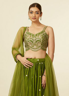 alt message - Mohey Women Mehandi Green Buta Patterned Lehenga image number 1