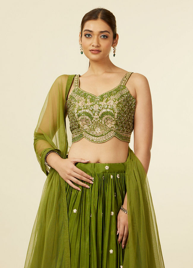 alt message - Mohey Women Mehandi Green Buta Patterned Lehenga image number 1