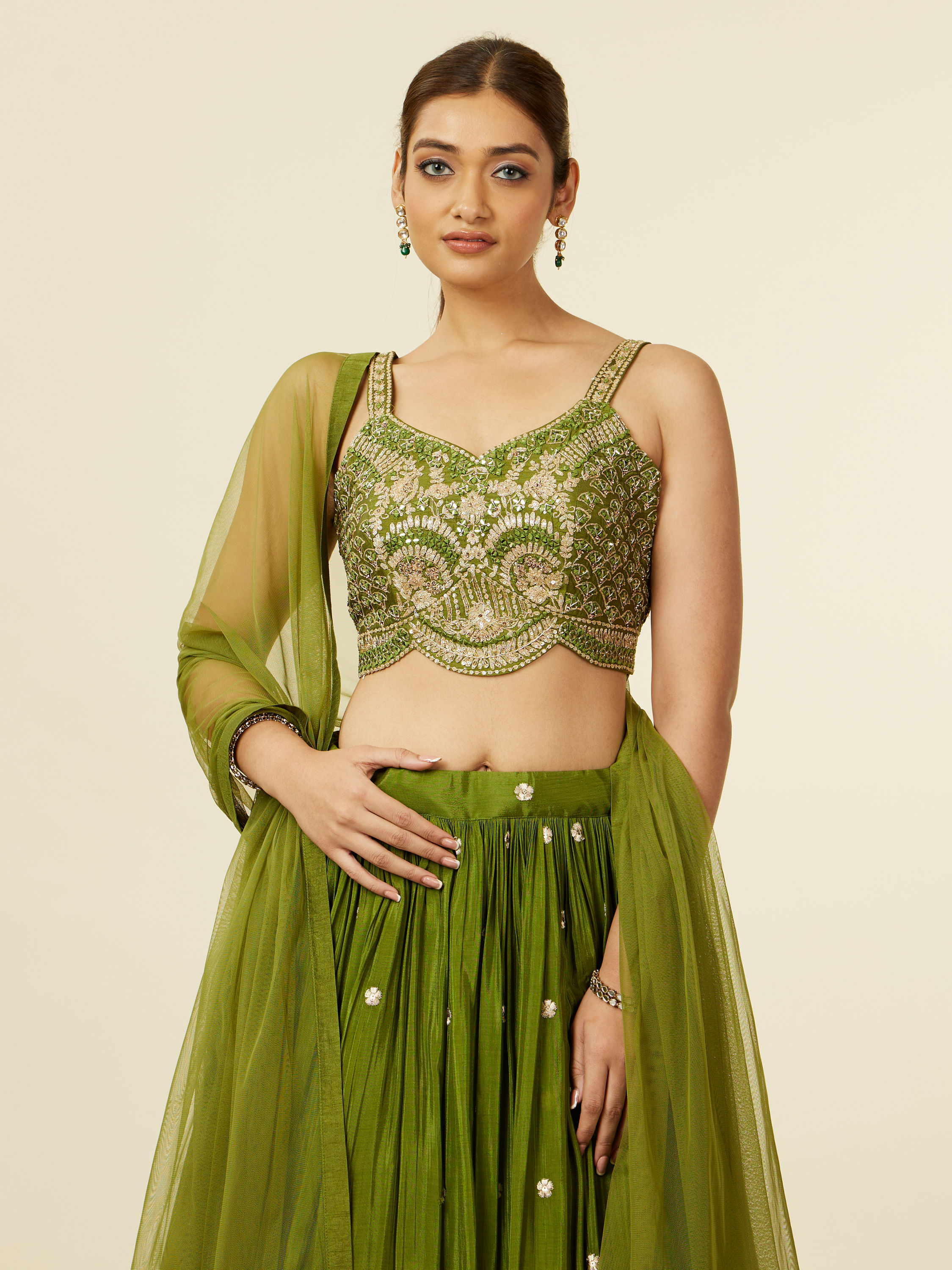 Mohey Women Mehandi Green Buta Patterned Lehenga