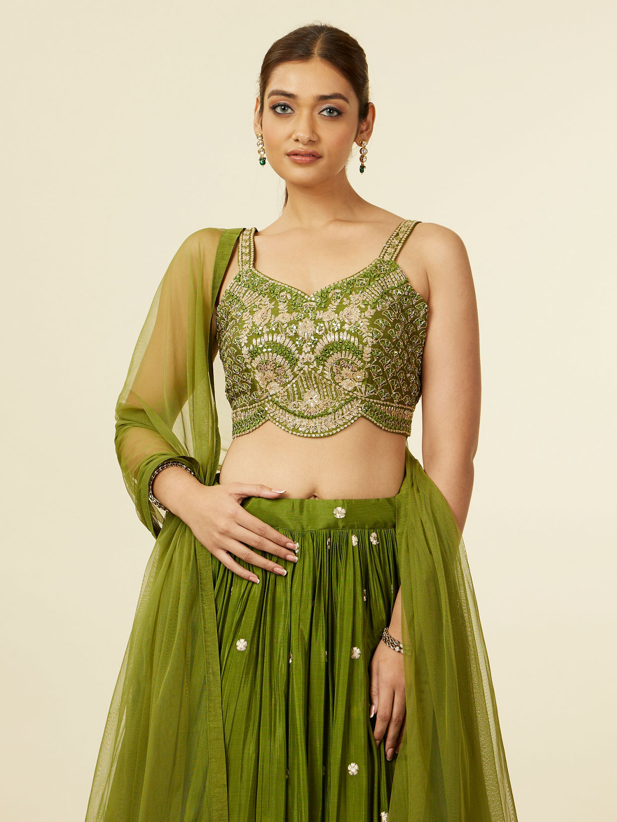 alt message - Mohey Women Mehandi Green Buta Patterned Lehenga image number 1