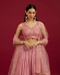 Mohey Women Coral Pink Floral Patterned Lehenga