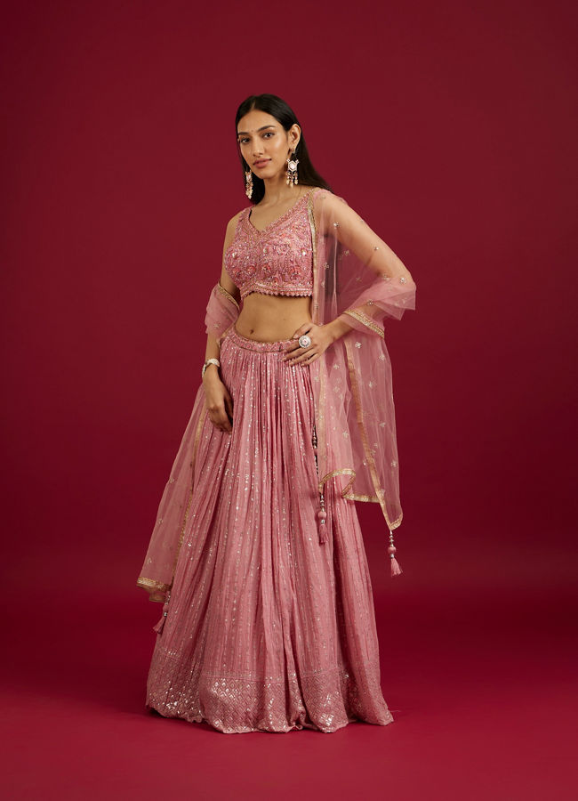 Mohey Women Coral Pink Floral Patterned Lehenga image number 2