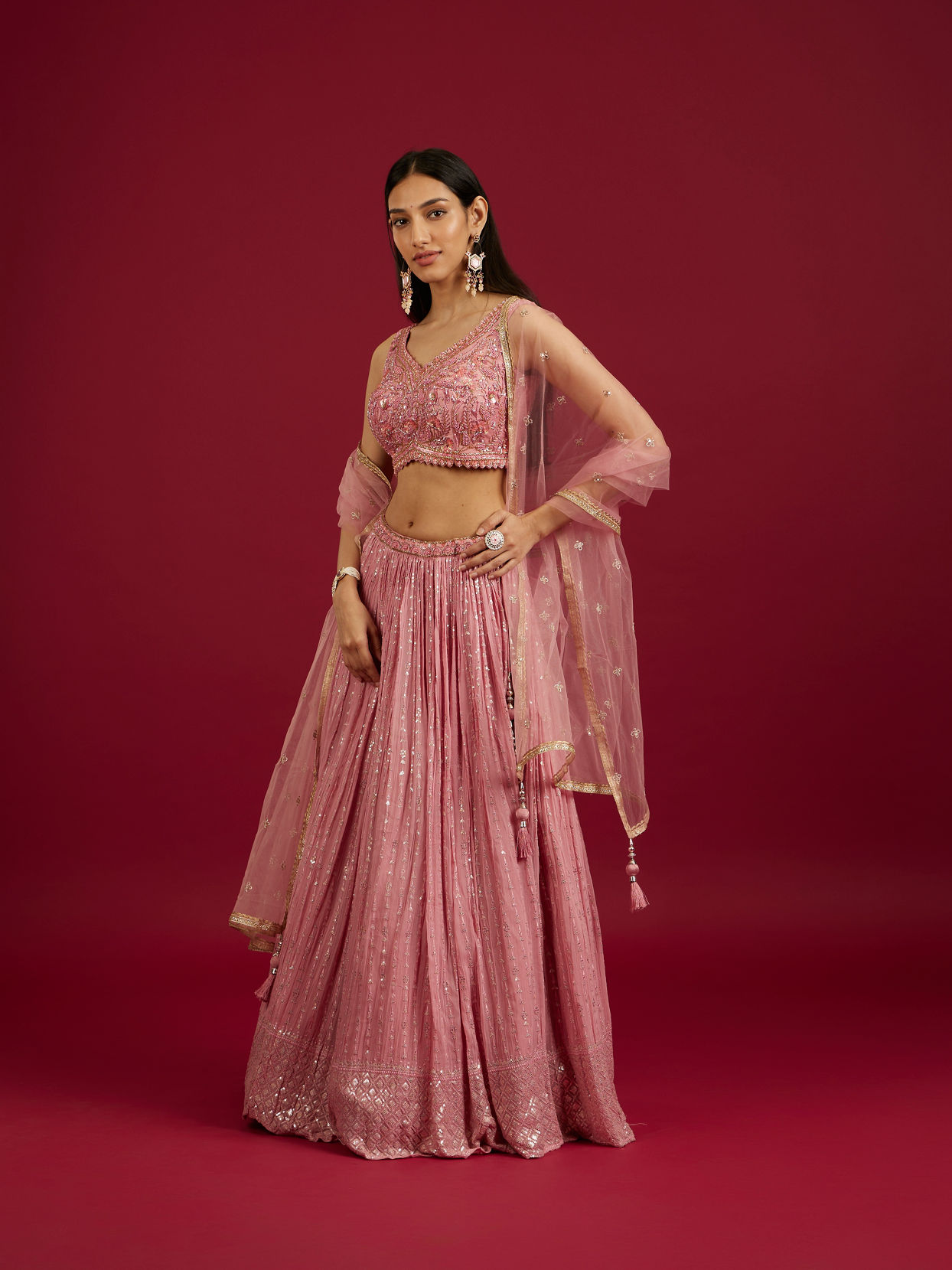 Mohey Women Coral Pink Floral Patterned Lehenga