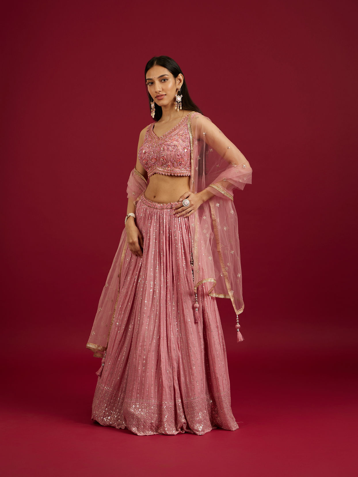 Mohey Women Coral Pink Floral Patterned Lehenga image number 2