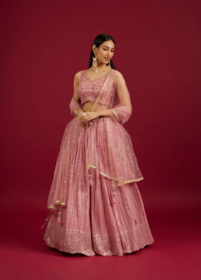 Mohey Women Coral Pink Floral Patterned Lehenga image number 0