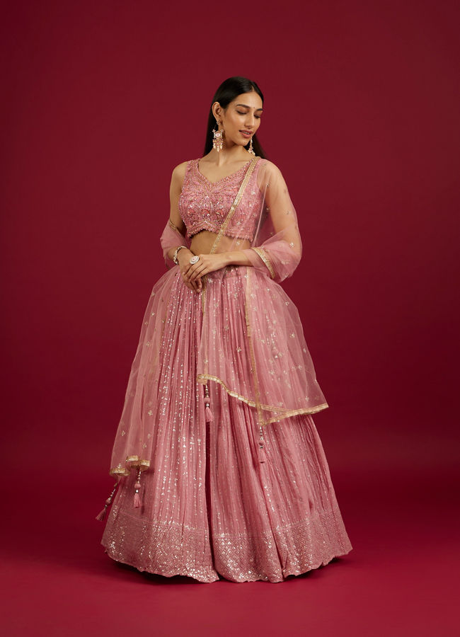 Mohey Women Coral Pink Floral Patterned Lehenga image number 0