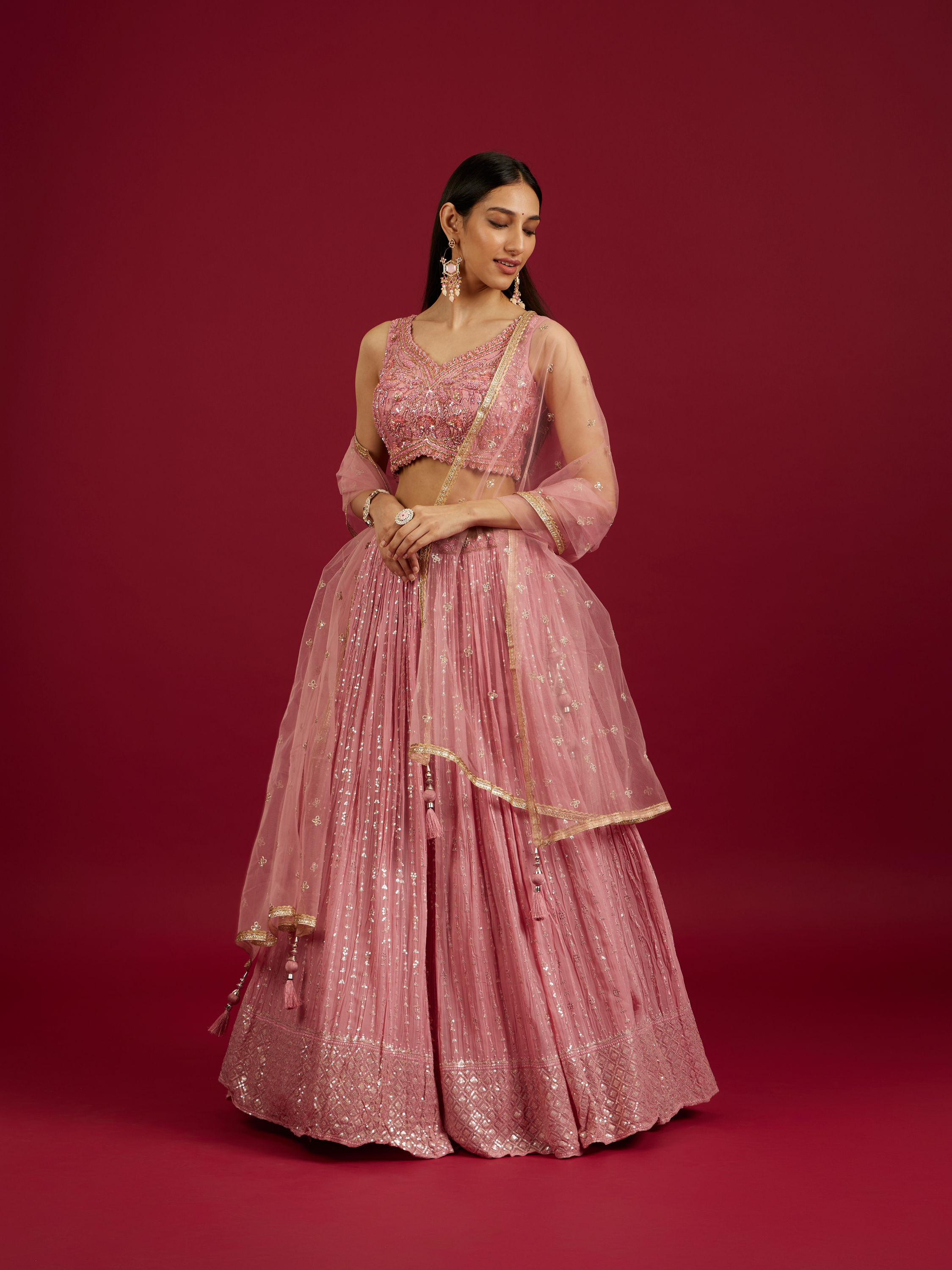 Mohey Women Coral Pink Floral Patterned Lehenga