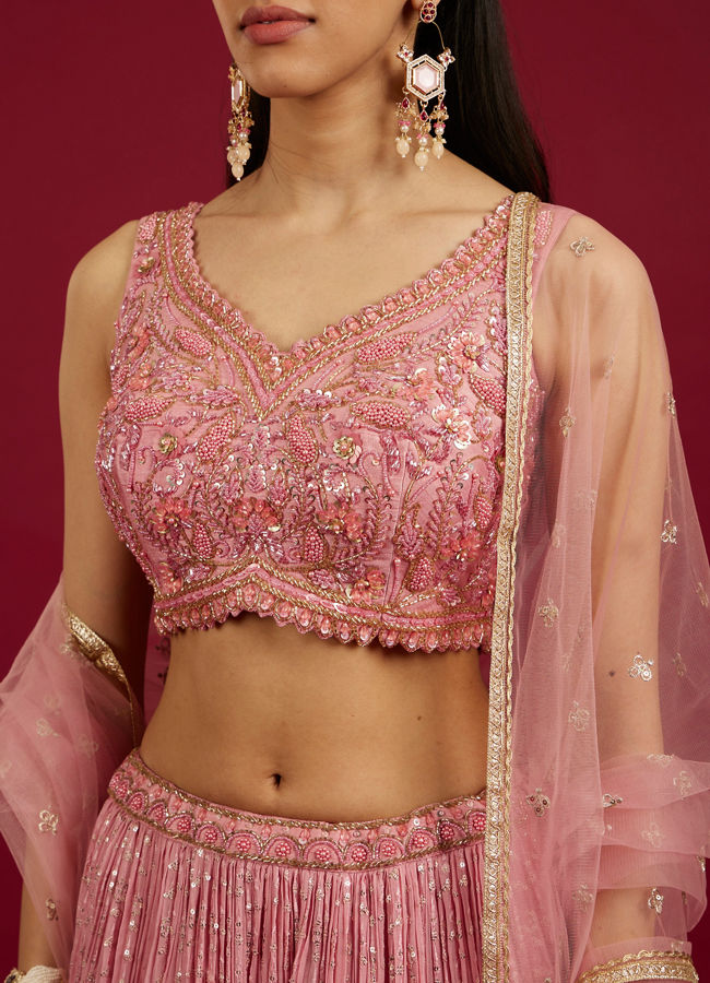 Mohey Women Coral Pink Floral Patterned Lehenga