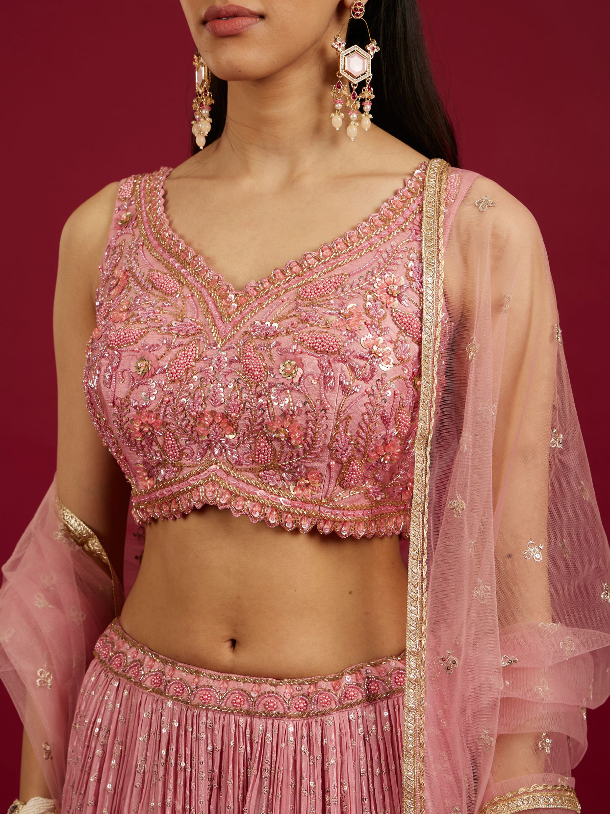 Mohey Women Coral Pink Floral Patterned Lehenga