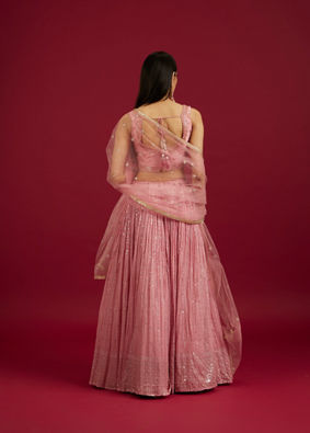 Mohey Women Coral Pink Floral Patterned Lehenga image number 5