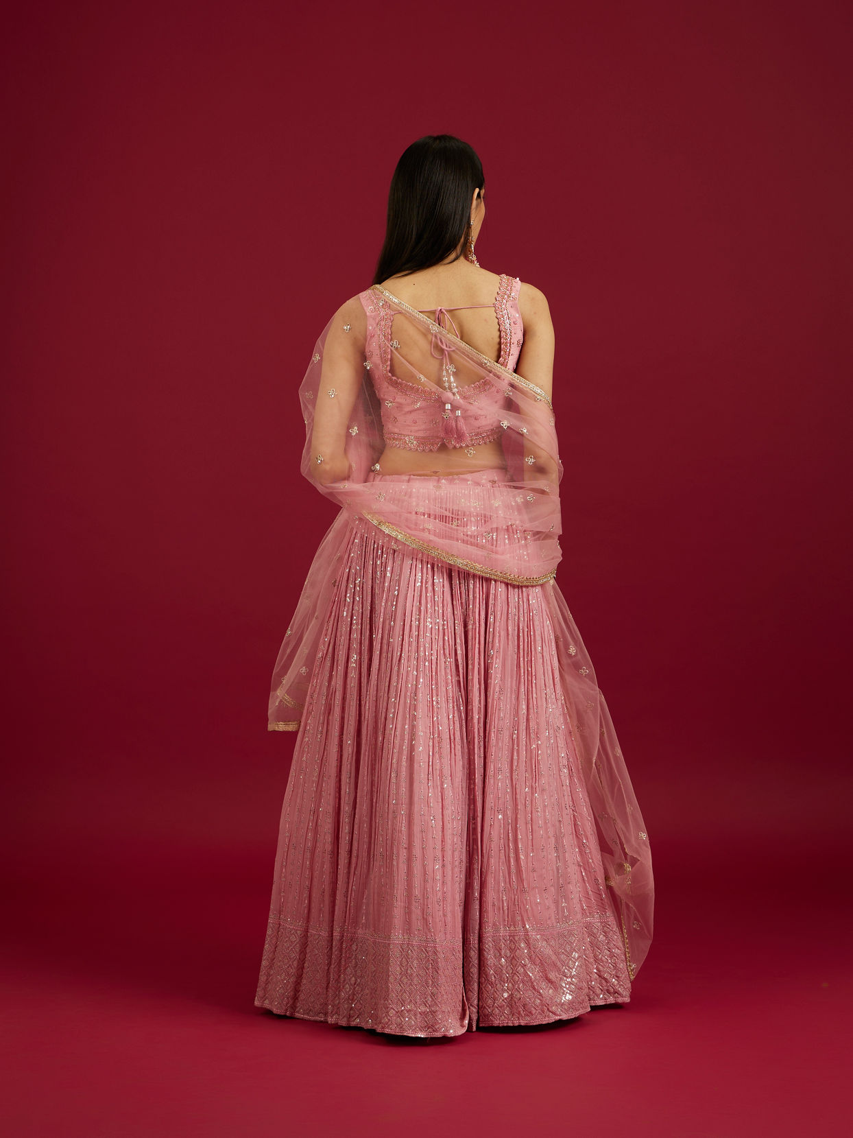 Mohey Women Coral Pink Floral Patterned Lehenga