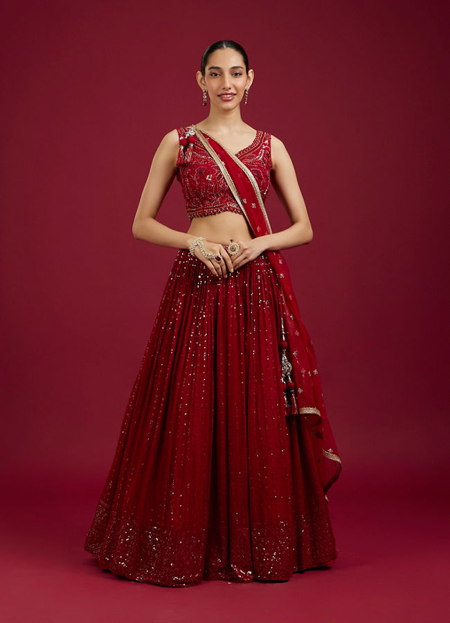 Mohey Women Glorious Georgette Red Lehenga Set