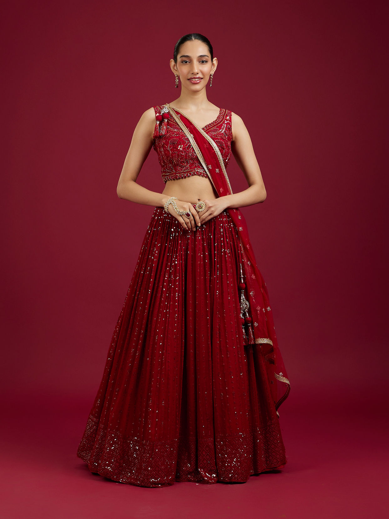 Mohey Women Glorious Georgette Red Lehenga Set