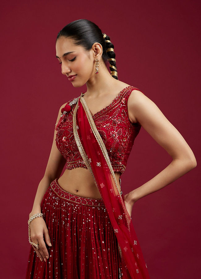 Mohey Women Glorious Georgette Red Lehenga Set