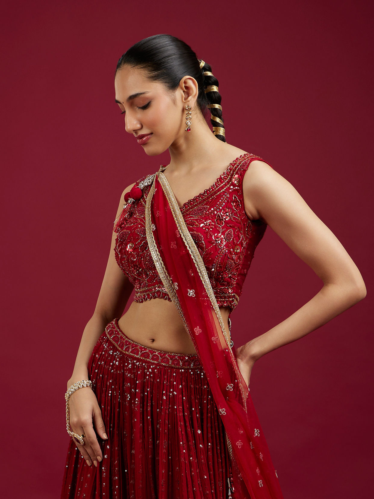 Mohey Women Glorious Georgette Red Lehenga Set