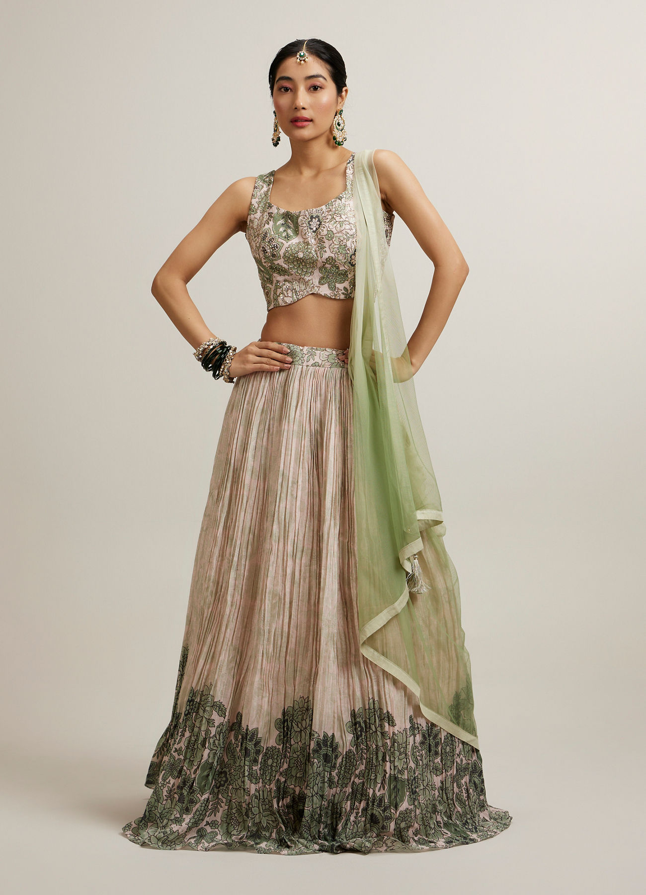 Mohey Women Pista Floral Crop Top Lehenga with Sequin Work