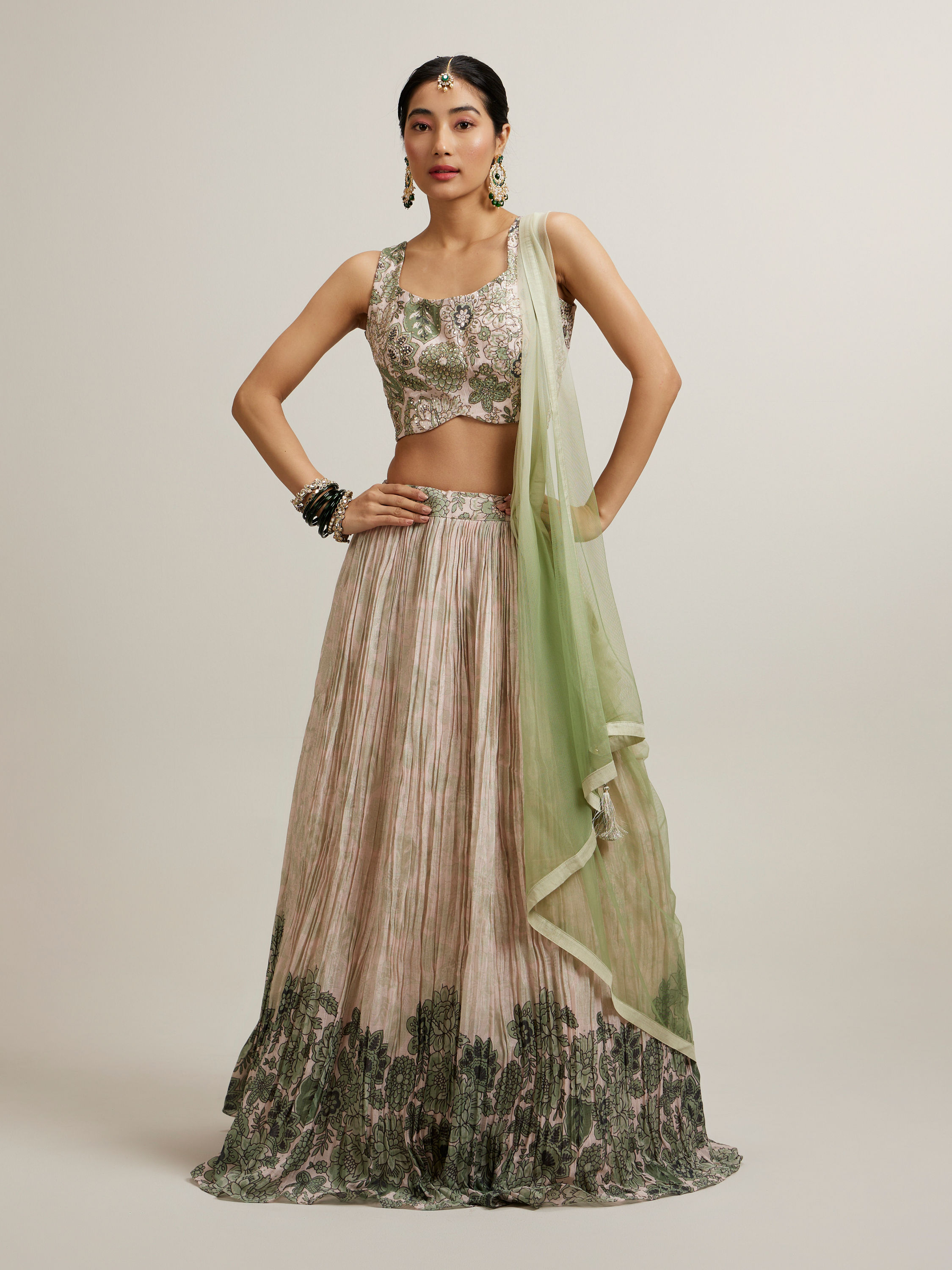 Mohey Women Pista Floral Crop Top Lehenga with Sequin Work
