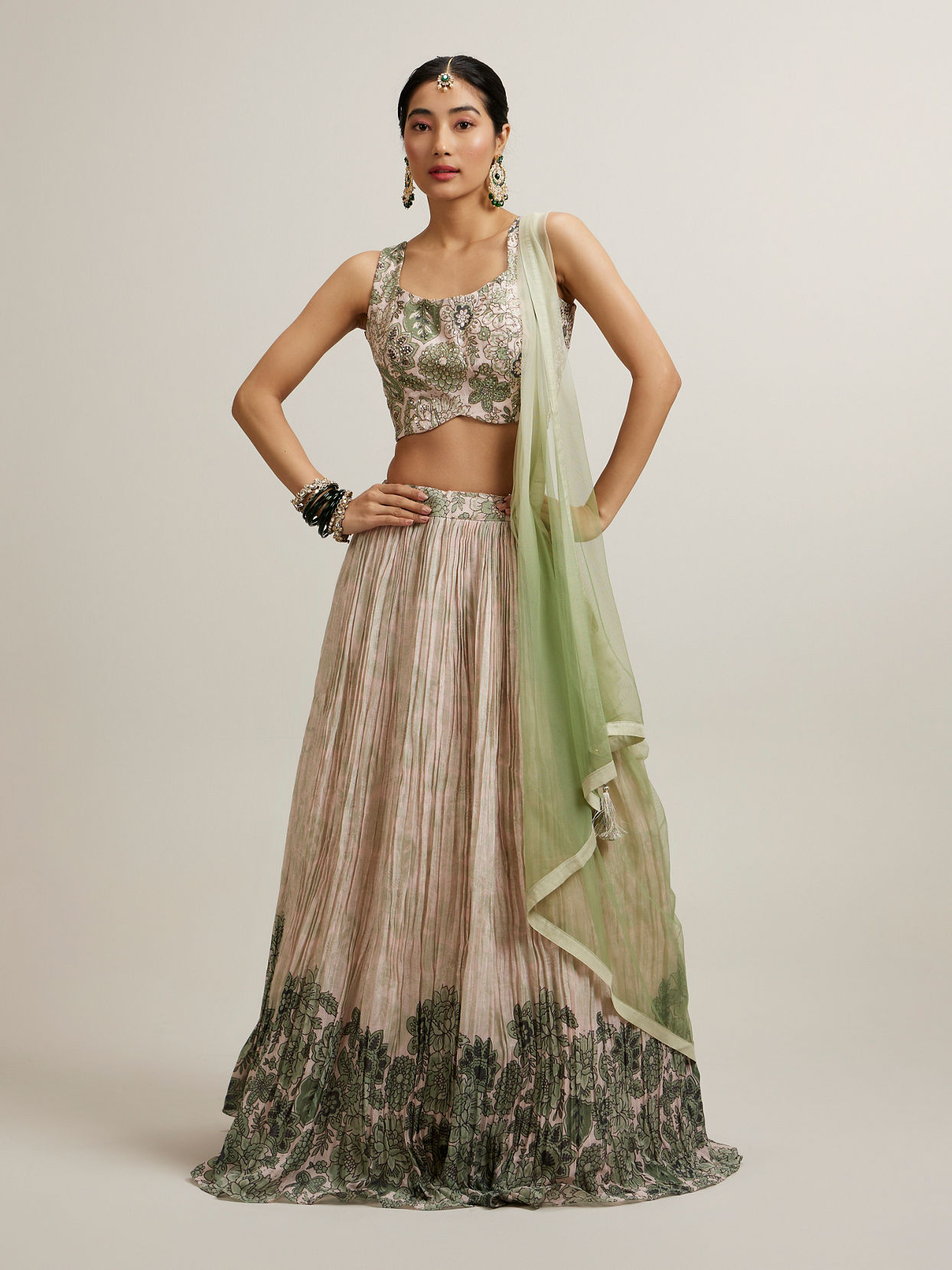 Mohey Women Pista Floral Crop Top Lehenga with Sequin Work
