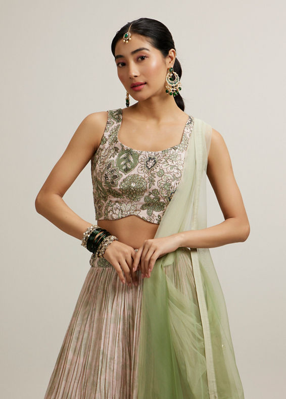 Mohey Women Pista Floral Crop Top Lehenga with Sequin Work