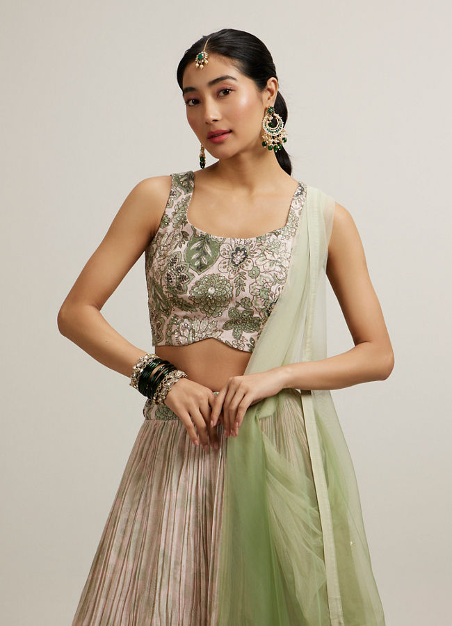 Mohey Women Pista Floral Crop Top Lehenga with Sequin Work