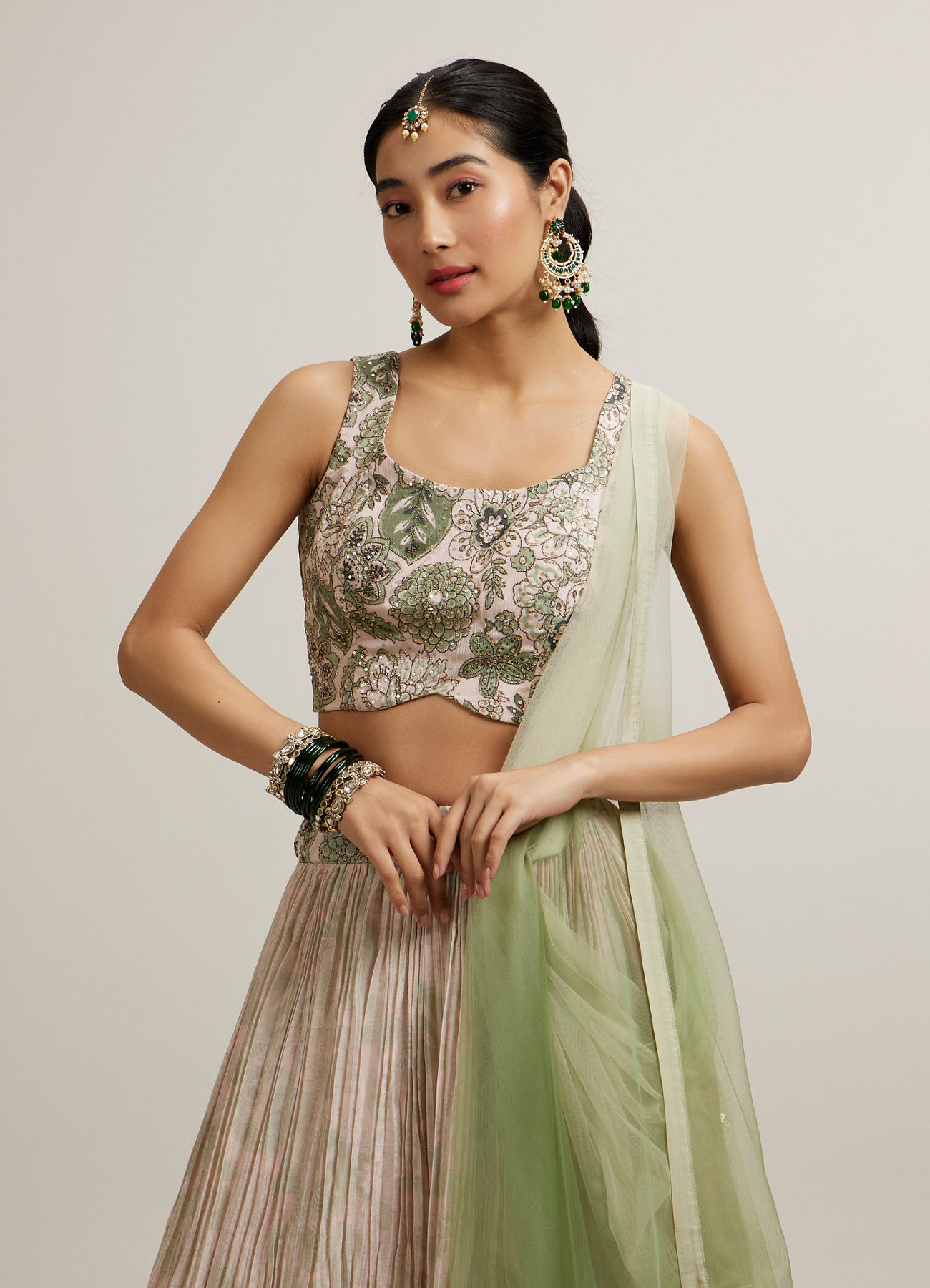Mohey Women Pista Floral Crop Top Lehenga with Sequin Work