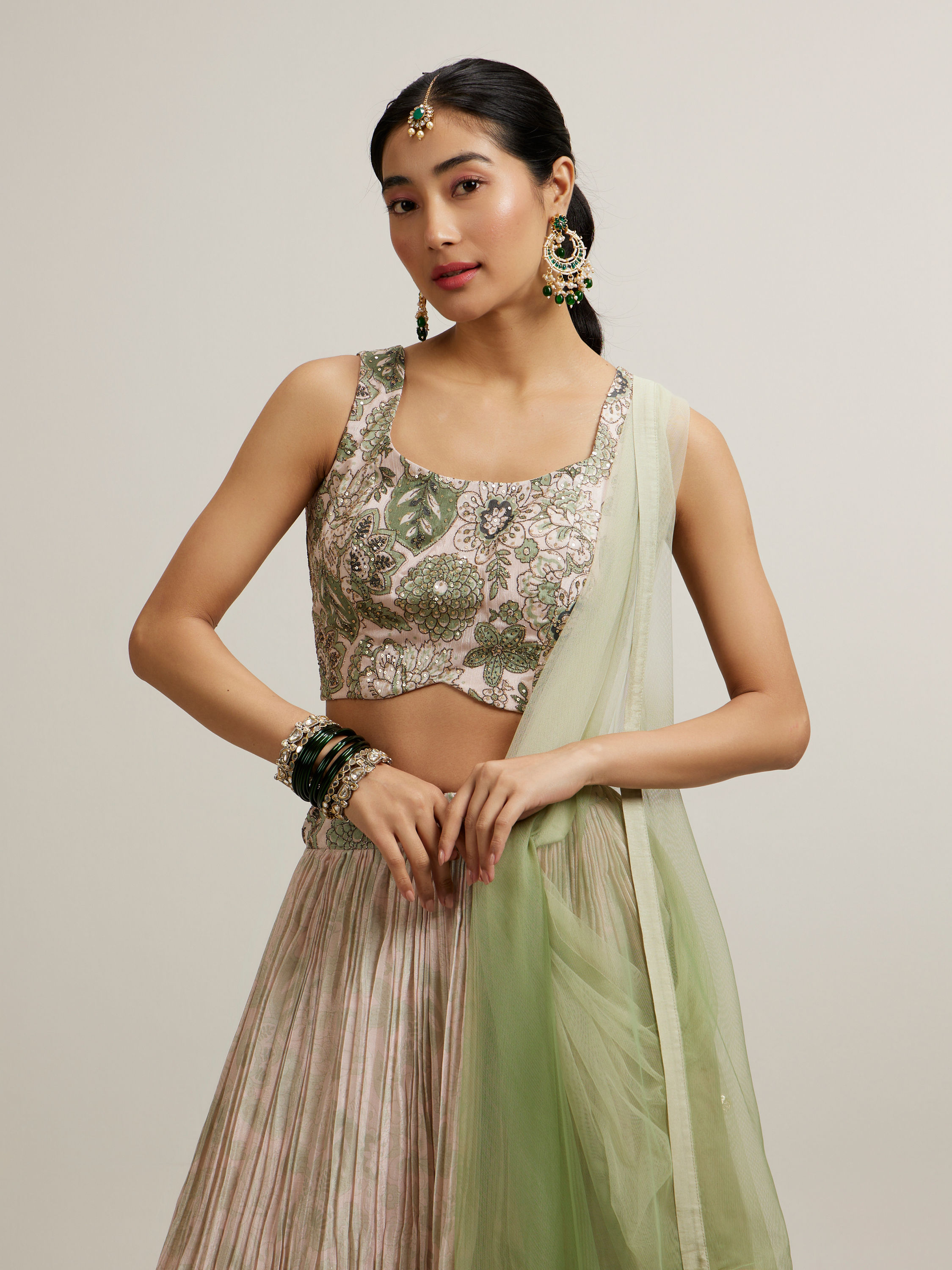 Mohey Women Pista Floral Crop Top Lehenga with Sequin Work