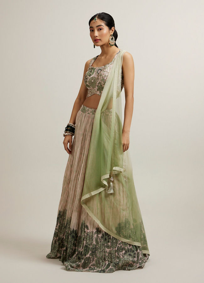 Mohey Women Pista Floral Crop Top Lehenga with Sequin Work