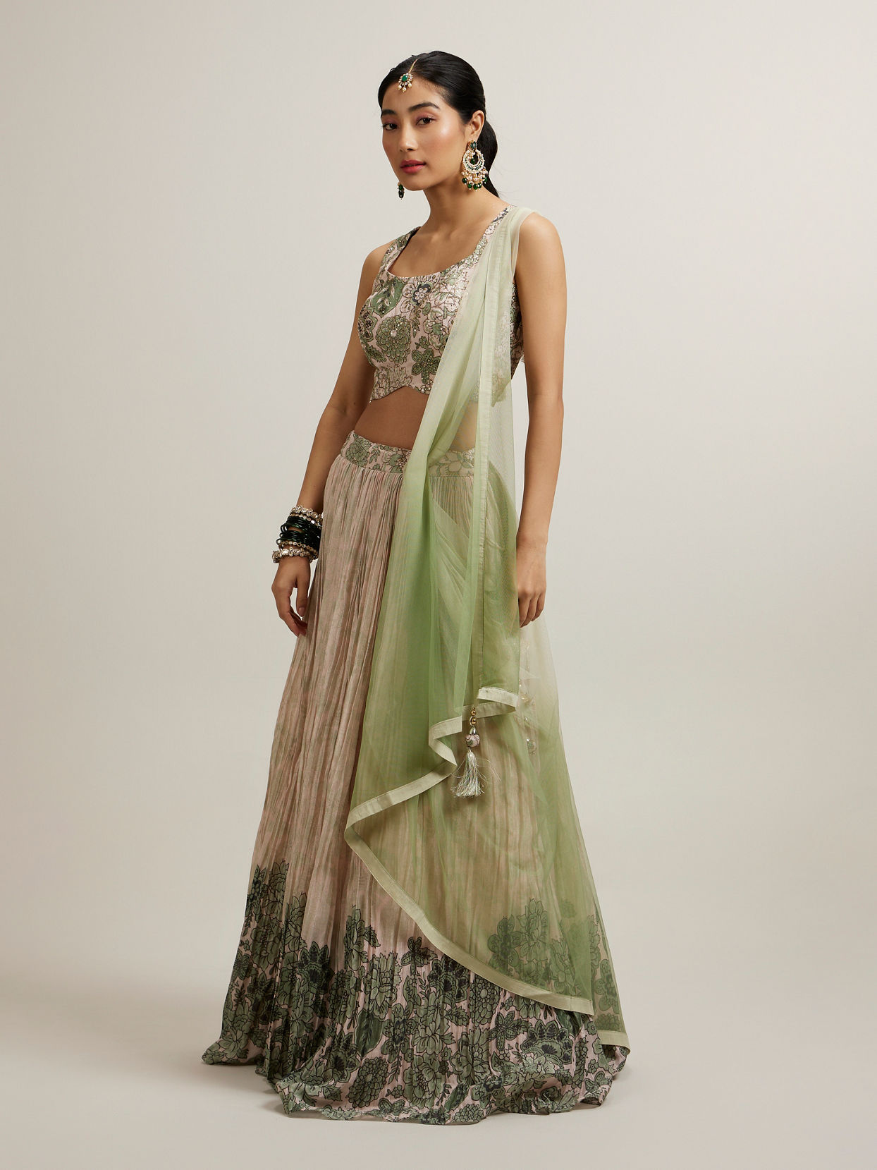 Mohey Women Pista Floral Crop Top Lehenga with Sequin Work