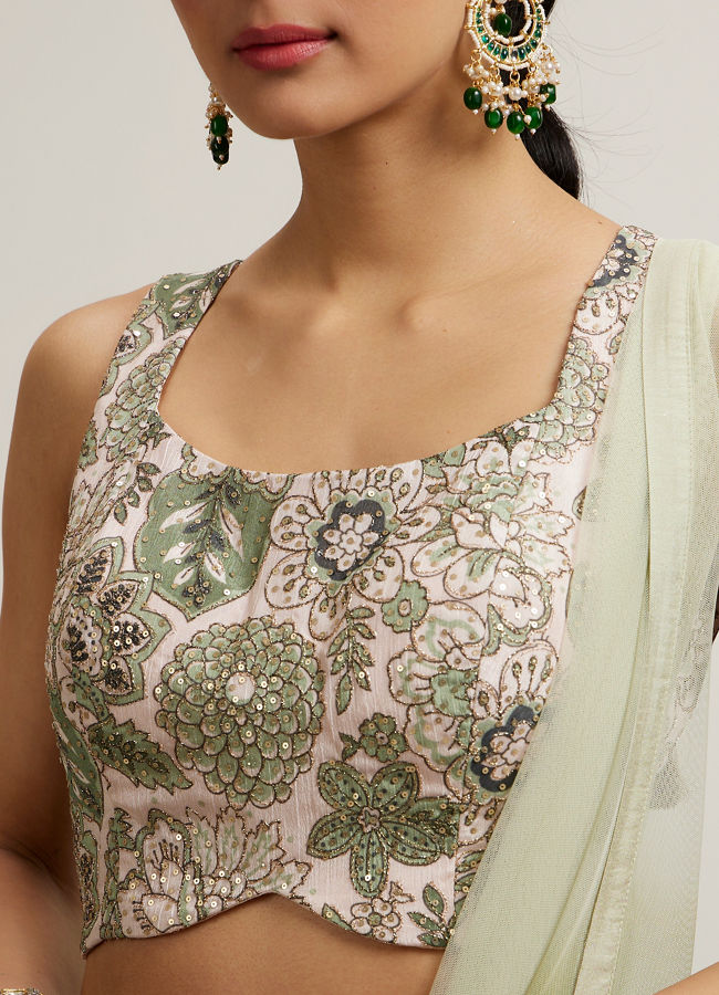 Mohey Women Pista Floral Crop Top Lehenga with Sequin Work