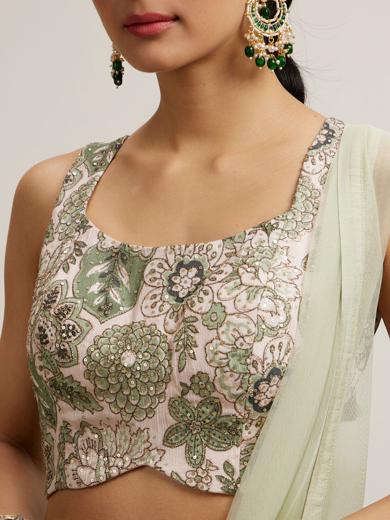 Mohey Women Pista Floral Crop Top Lehenga with Sequin Work