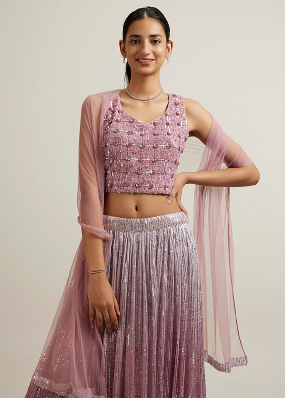 Mohey Women Elegant Purple Hand Embroidered Lehenga