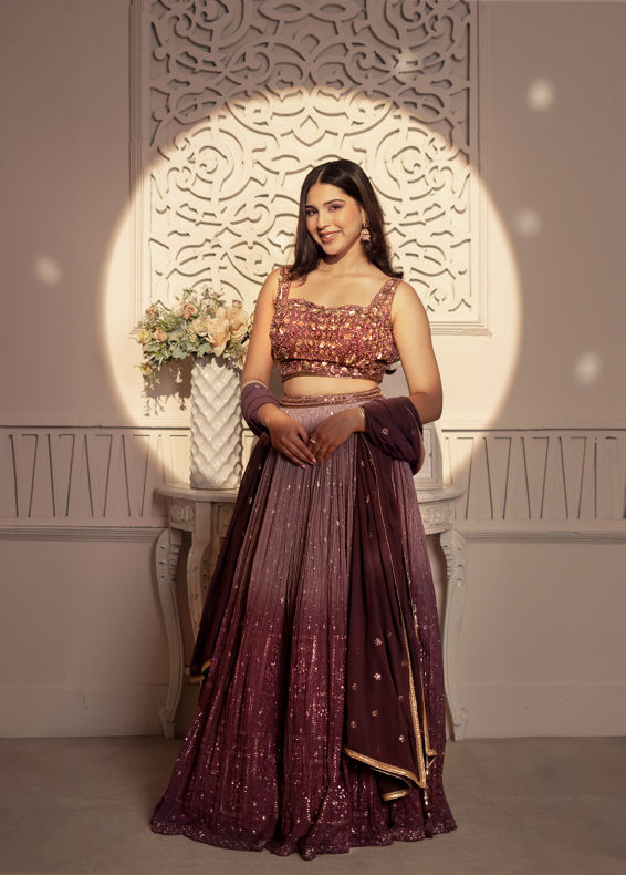 Mohey Women Purple Plisse Detailed Crop Top Lehenga