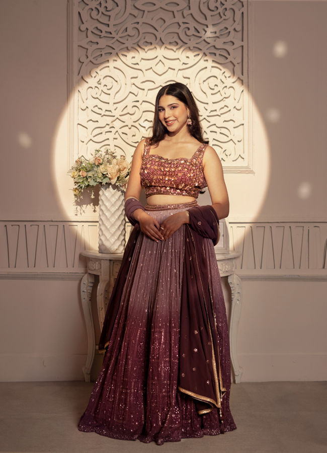 Mohey Women Purple Plisse Detailed Crop Top Lehenga