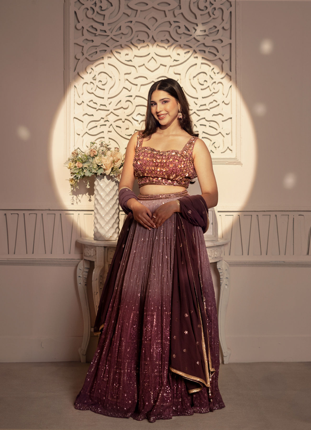 Mohey Women Purple Plisse Detailed Crop Top Lehenga