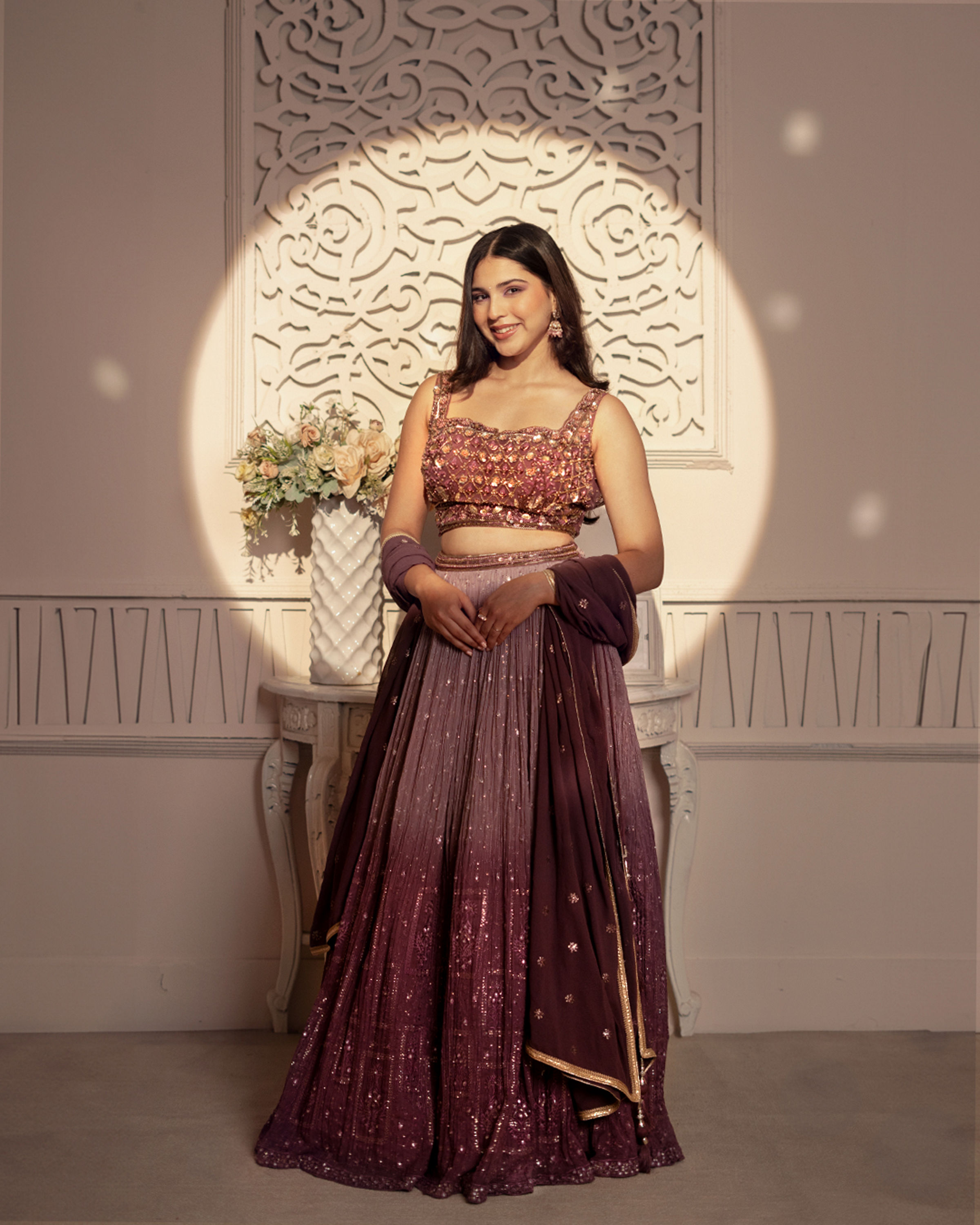 Mohey Women Purple Plisse Detailed Crop Top Lehenga