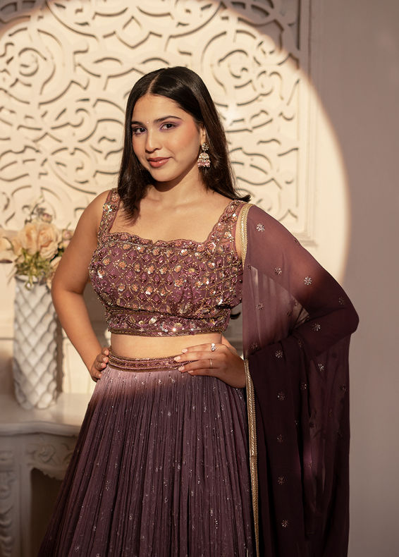Mohey Women Purple Plisse Detailed Crop Top Lehenga
