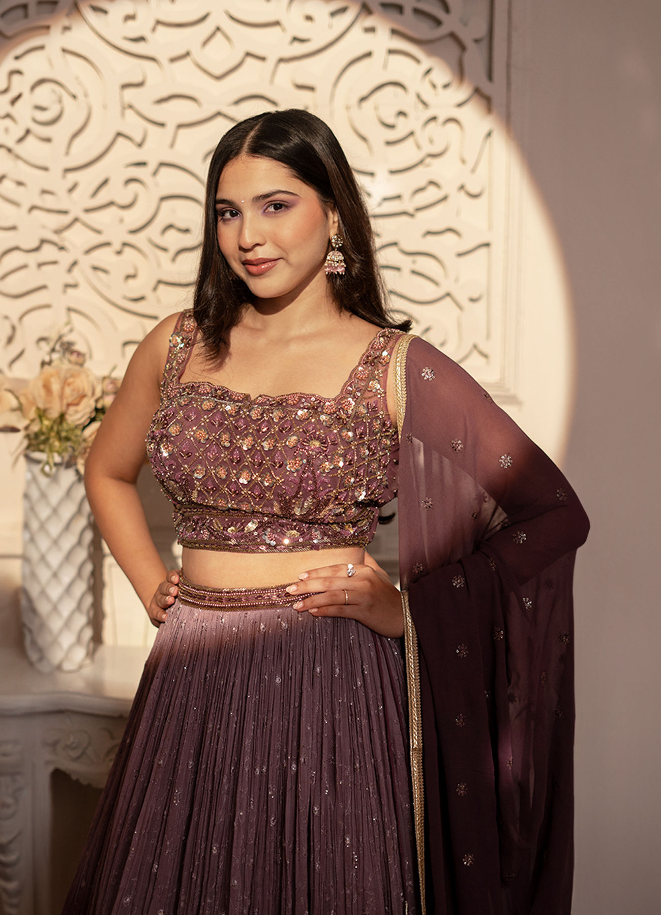 Mohey Women Purple Plisse Detailed Crop Top Lehenga