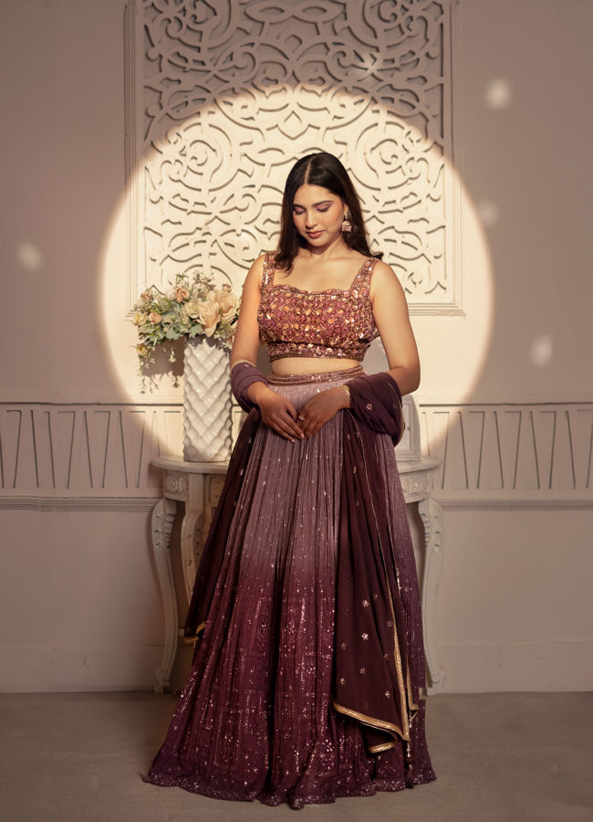 Mohey Women Purple Plisse Detailed Crop Top Lehenga