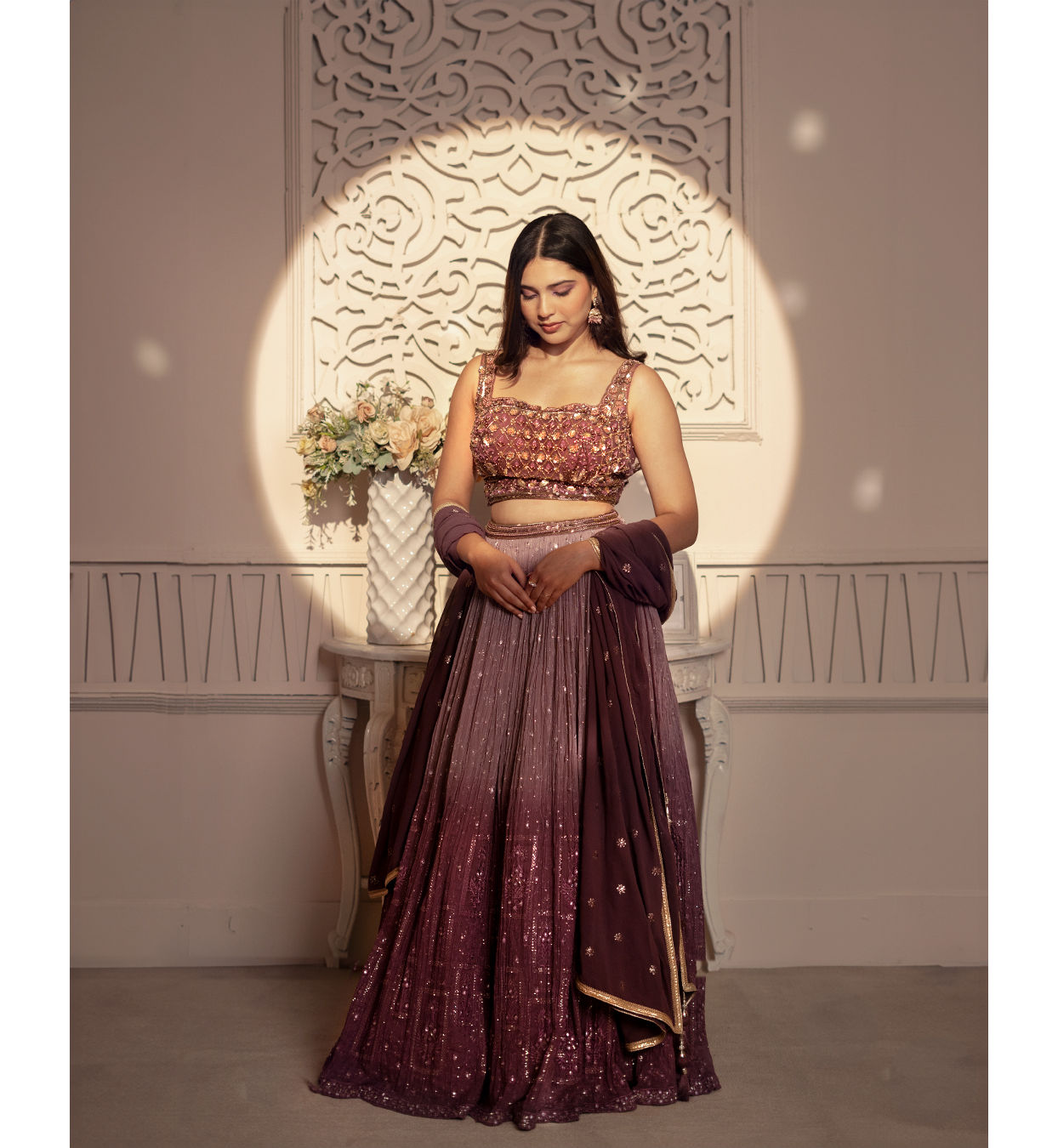 Mohey Women Purple Plisse Detailed Crop Top Lehenga