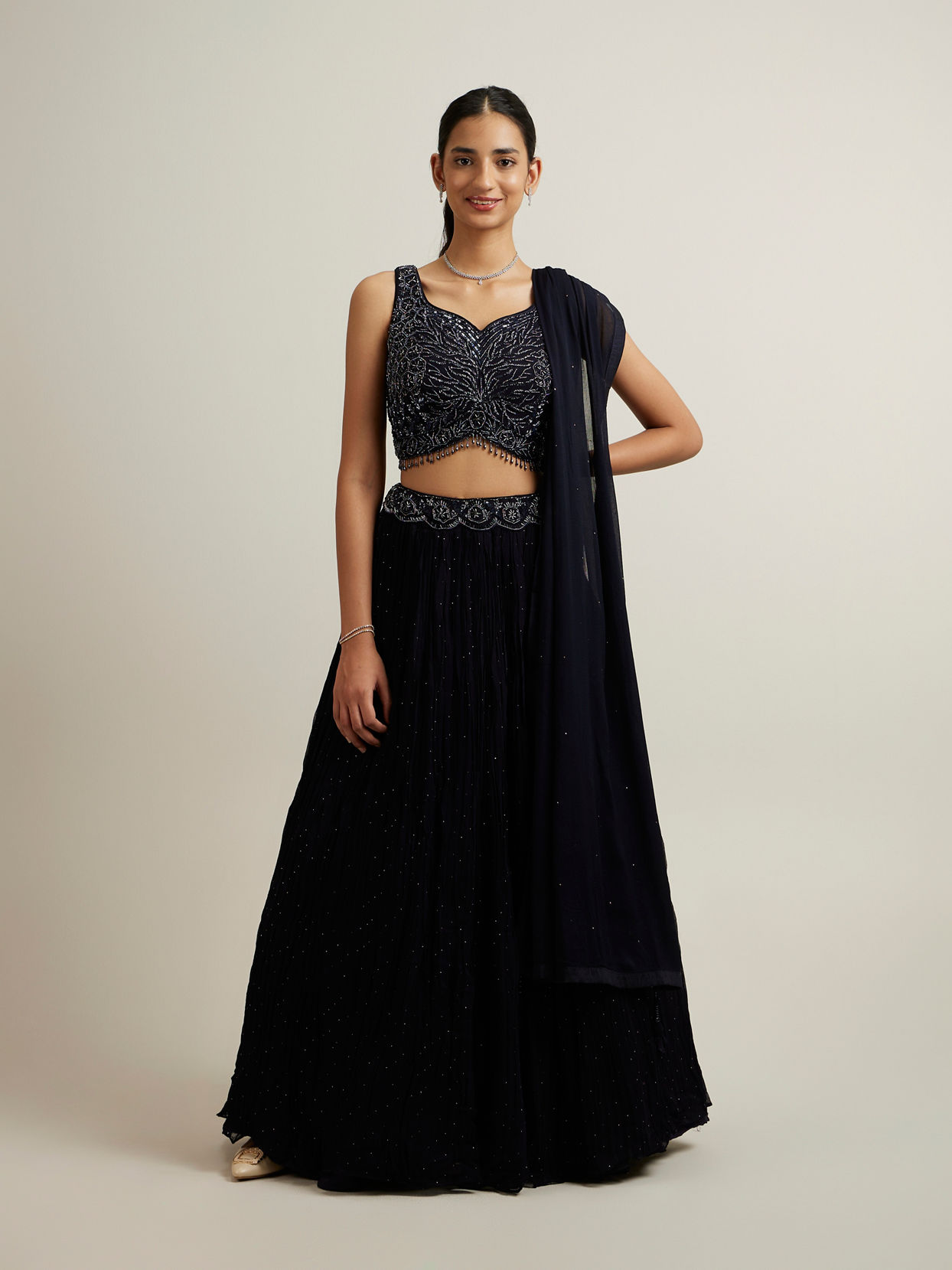 alt message - Mohey Women Indigo Blue Floral Hexagon Patterned Sequinned Lehenga image number 0